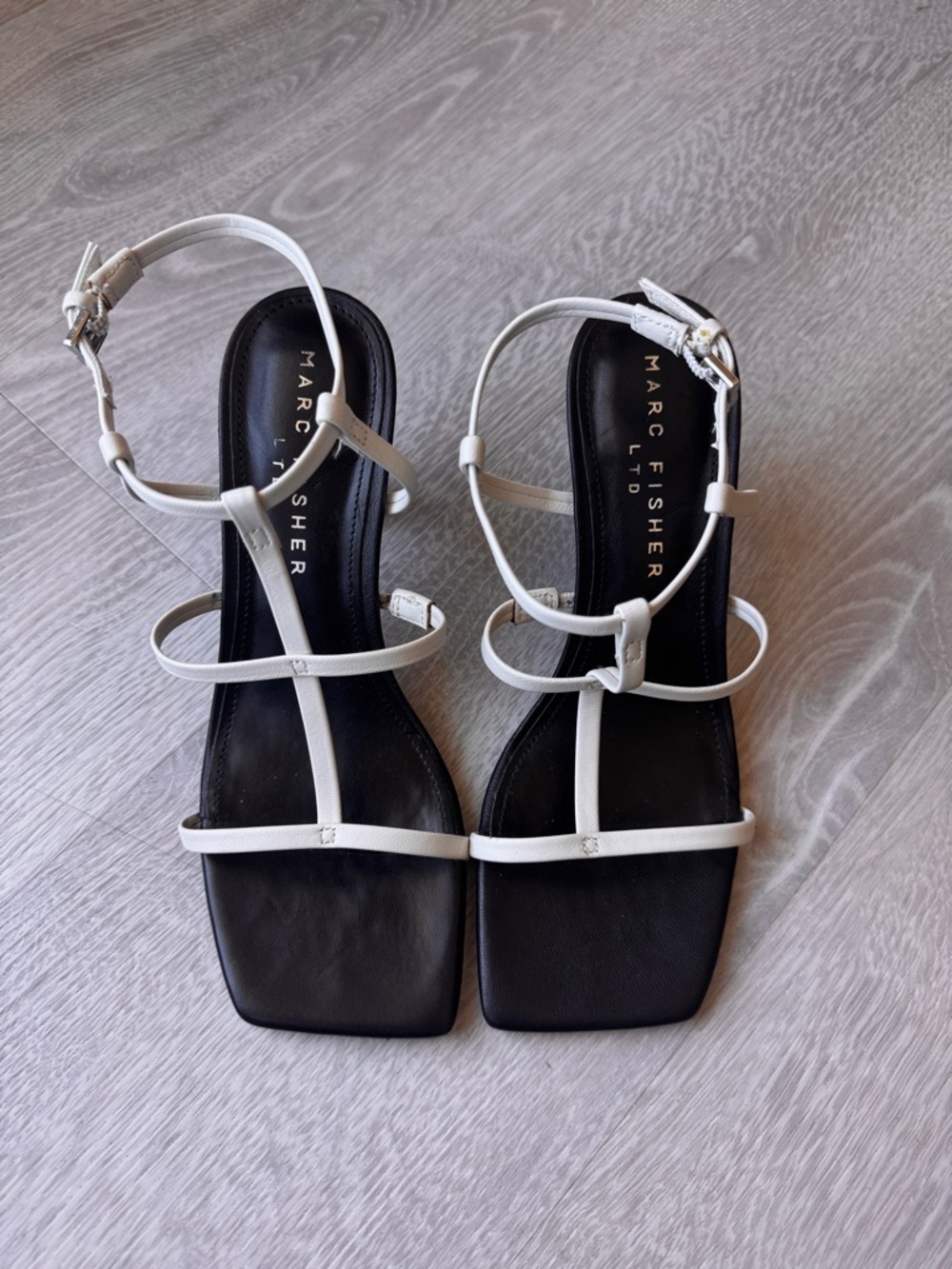Marc Fisher White Strappy Square-Toe Sandals with Black Footbed